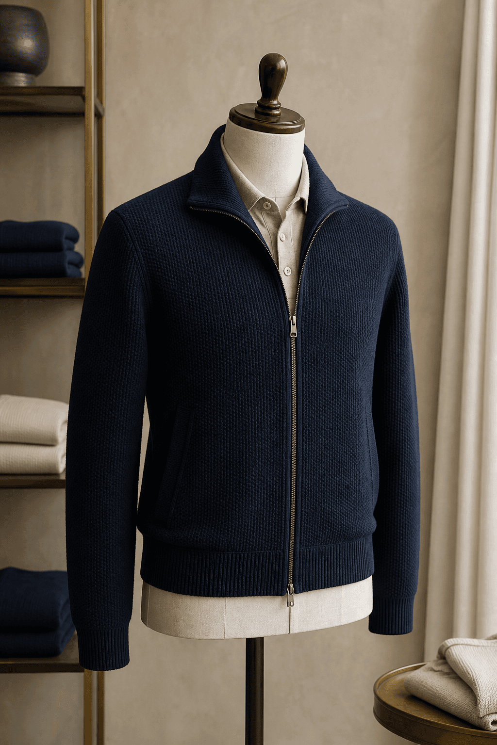 Men's Knit Bomber Jacket lifestyle scene image for B2B knitwear sourcing.