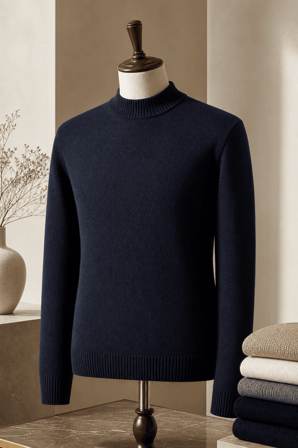 Men's Minimal Mock Neck Knit Sweater lifestyle scene image for B2B knitwear sourcing.