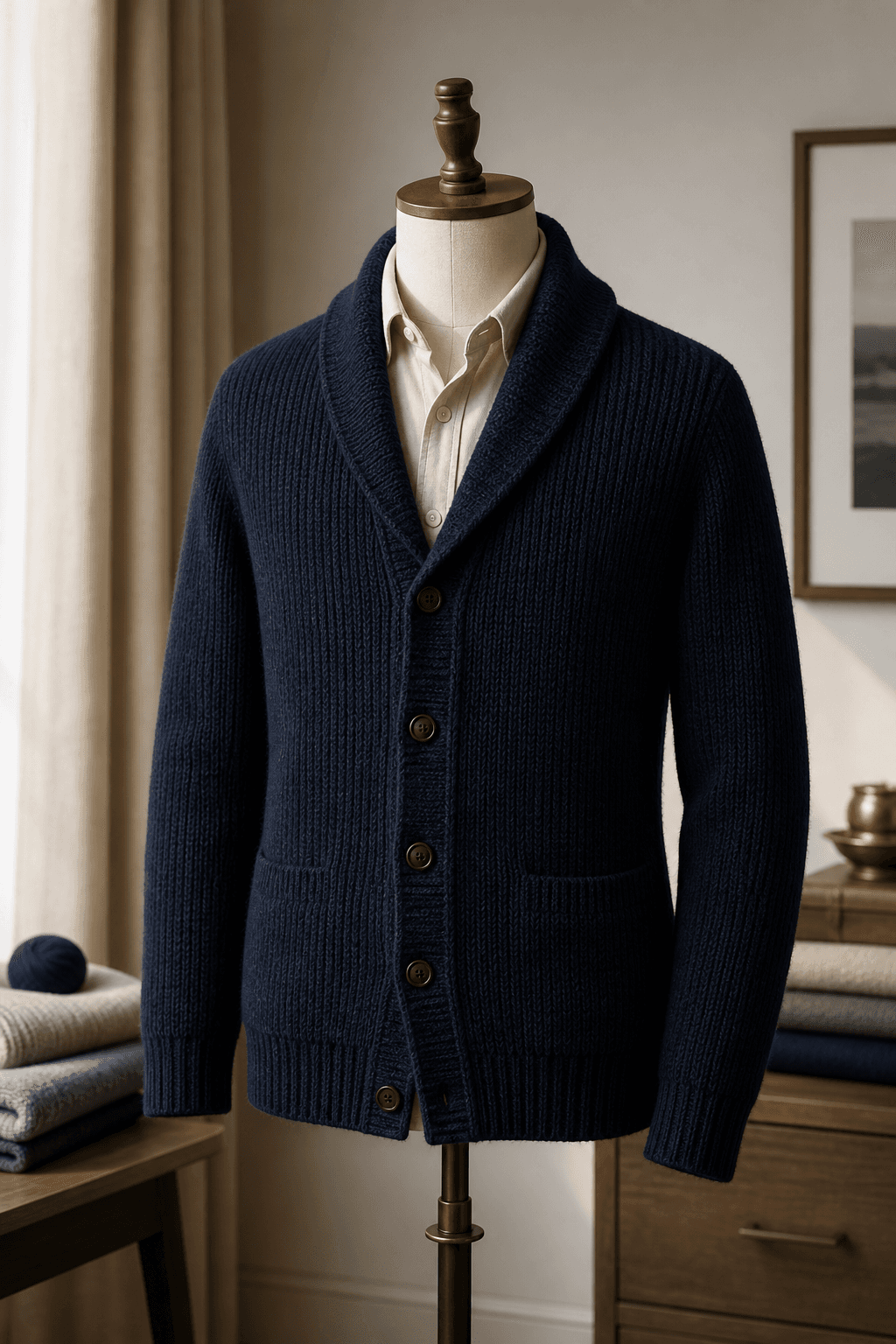 Men's Shawl Collar Cardigan lifestyle scene image for B2B knitwear sourcing.