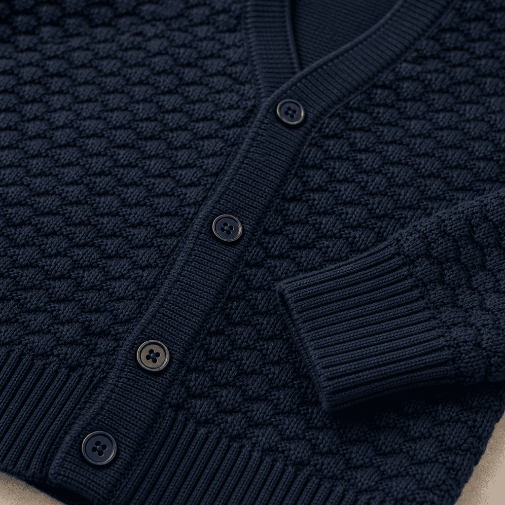 Men's Textured Button Cardigan knit texture and construction detail image.