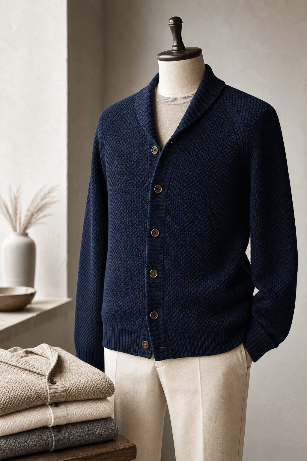 Men's Textured Button Cardigan lifestyle scene image for B2B knitwear sourcing.