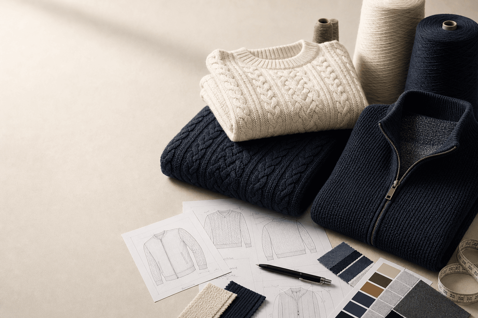 Premium knitwear buyer resources hero with sweaters, yarn cones, measuring tape and technical sketches.