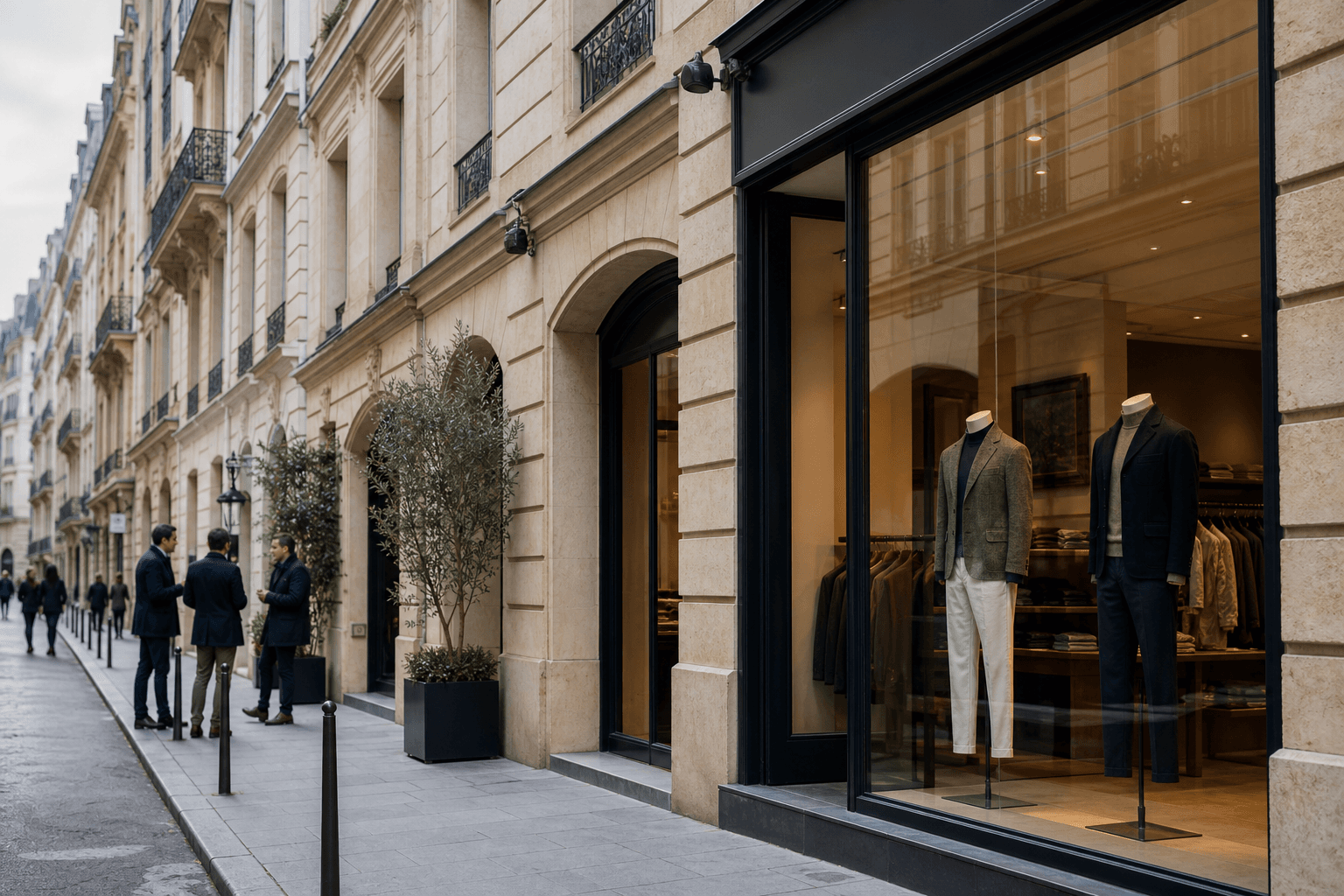 Refined European commercial street and apparel showroom mood for export market experience.