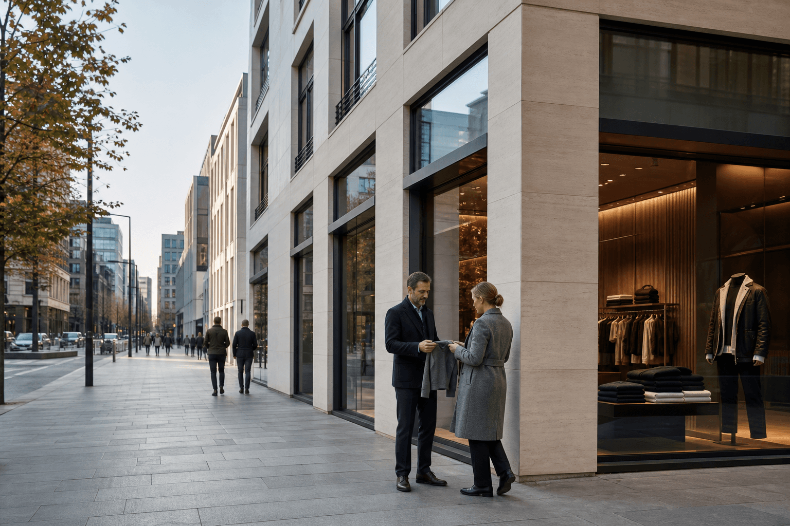 Orderly German commercial district for structured knitwear export market experience.