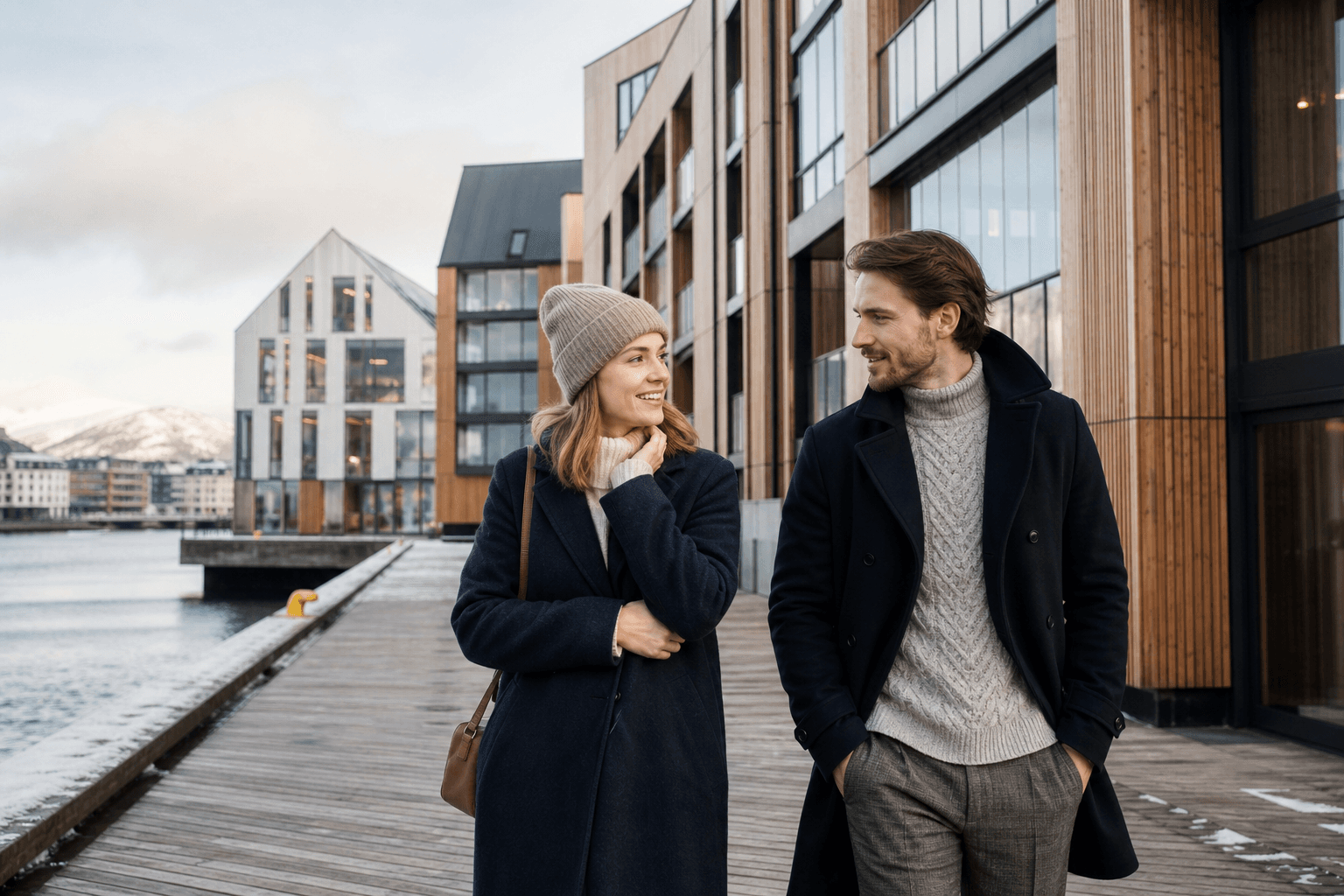 Clean Nordic commercial architecture and winter market mood for export experience.