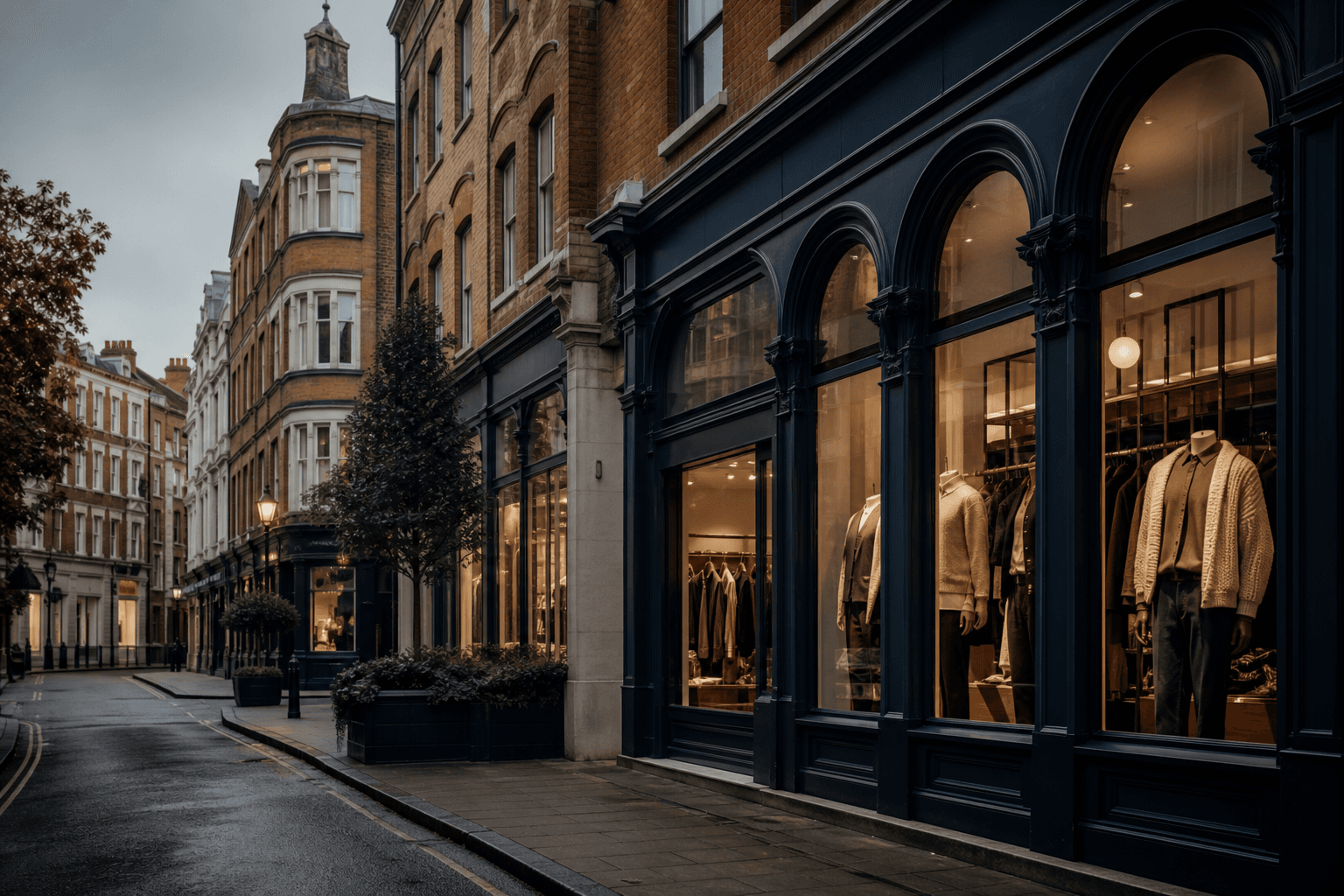 Refined UK heritage commercial street for knitwear export market experience.