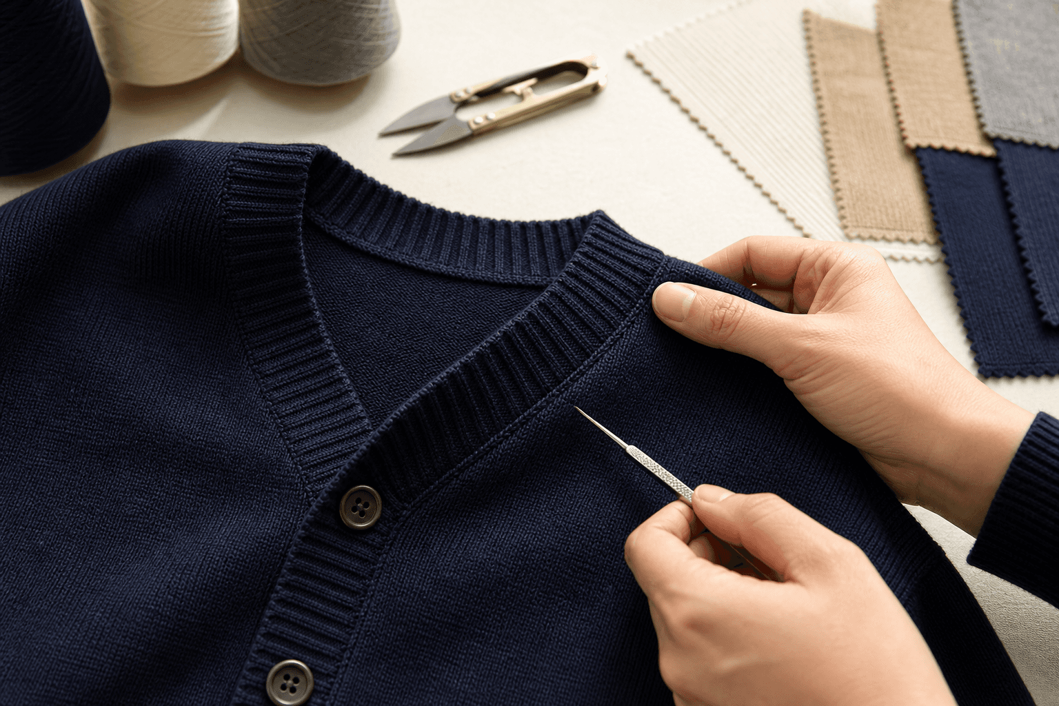 Knitwear seam and linking stitch inspection on a clean work table.