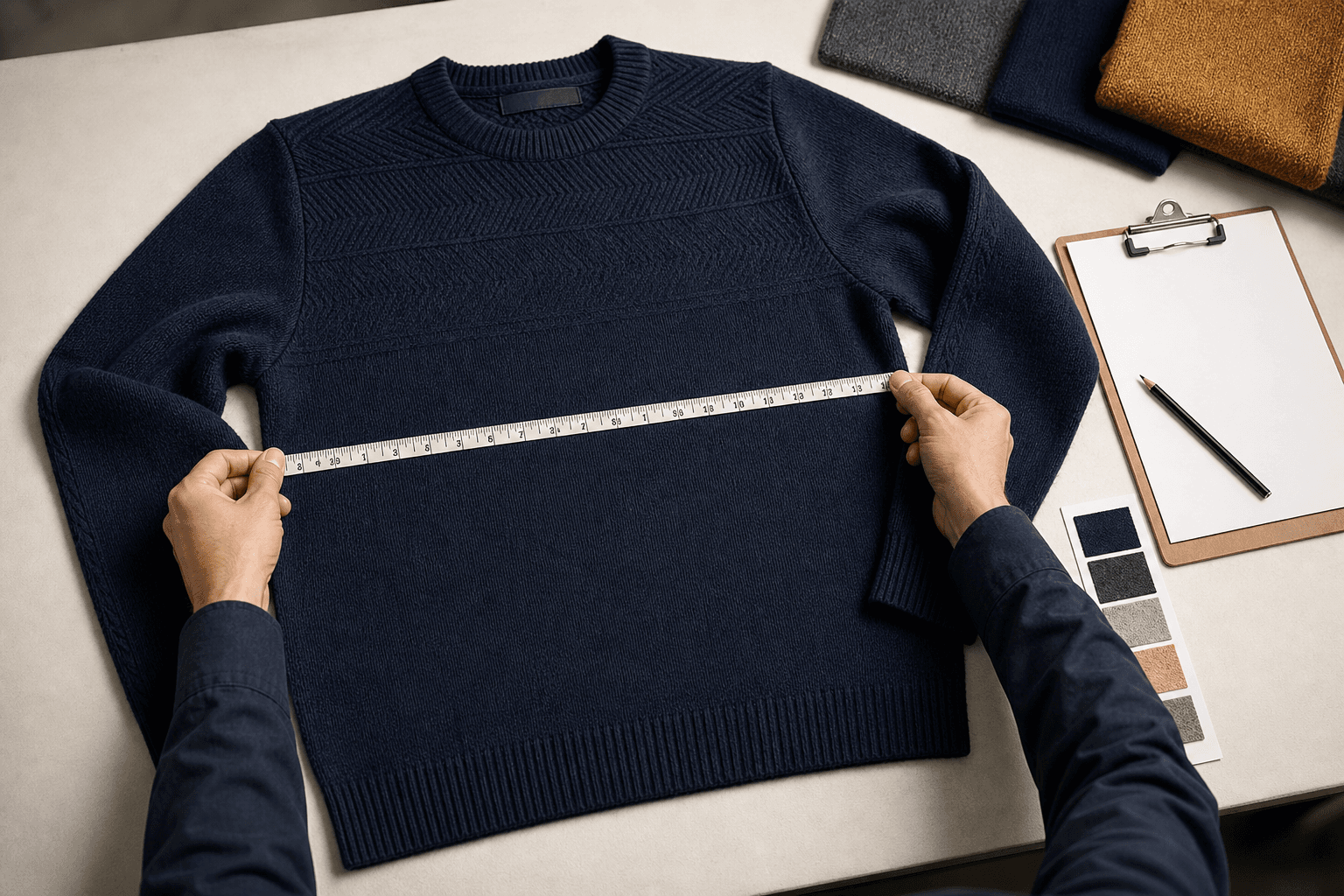 Sweater measurement check with measuring tape and blank inspection sheet.