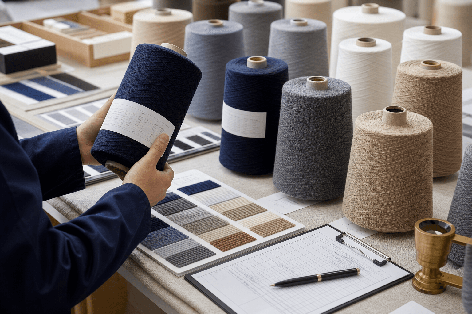 Yarn cones, color cards and fiber swatches on an incoming yarn inspection desk.