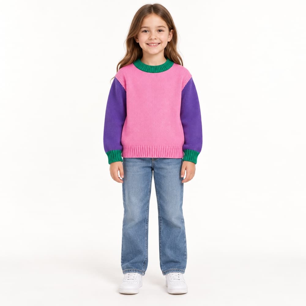 Kids' Purple Colour-Block Crew Neck Sweater