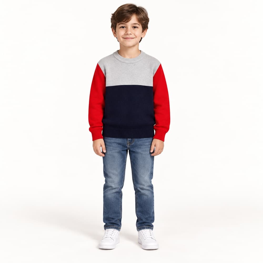 Kids' Red Colour-Block Crew Neck Sweater