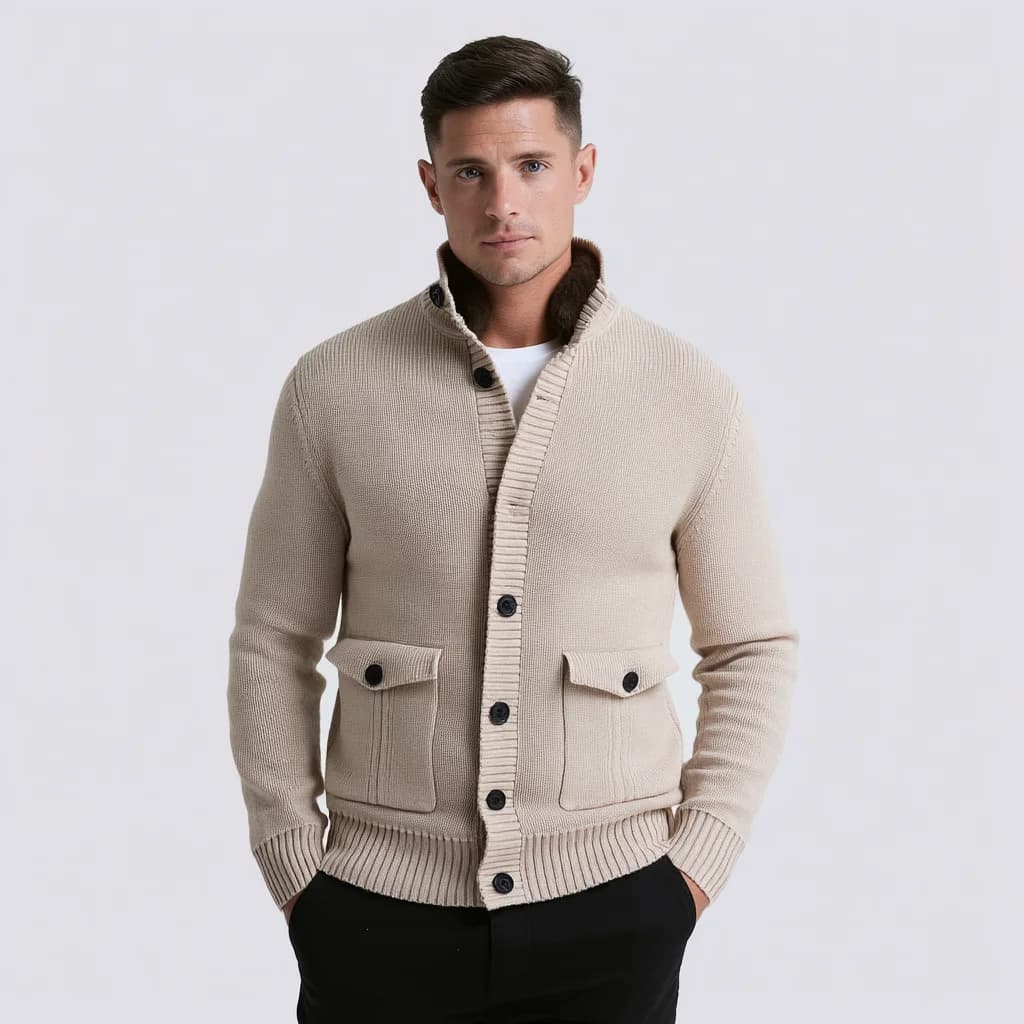 Men's Beige Button Cardigan Faux Fur Collar Knit Patch Pocket Winter Warm