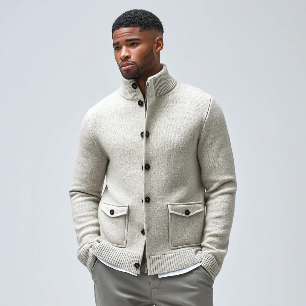 Men's Beige Heavyweight Knitted Wool Jacket Outdoor Winter Faux Fur Trim