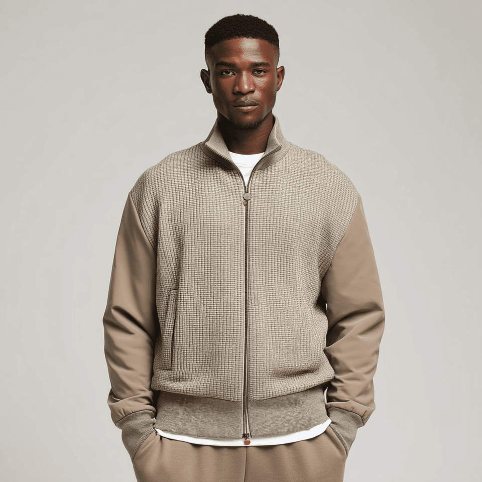 Men's Beige Knit Bomber Jacket Woven Sleeves