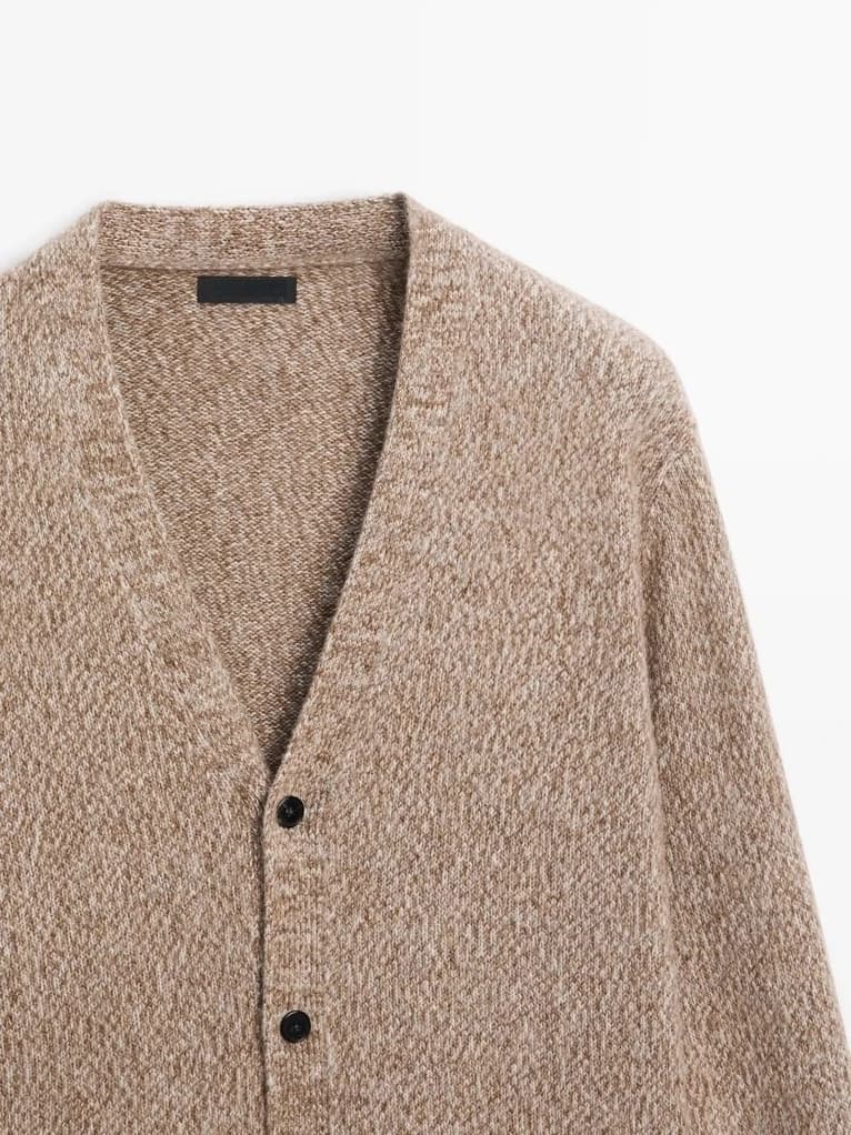 Men's Beige Melange V Neck Cardigan — view 5