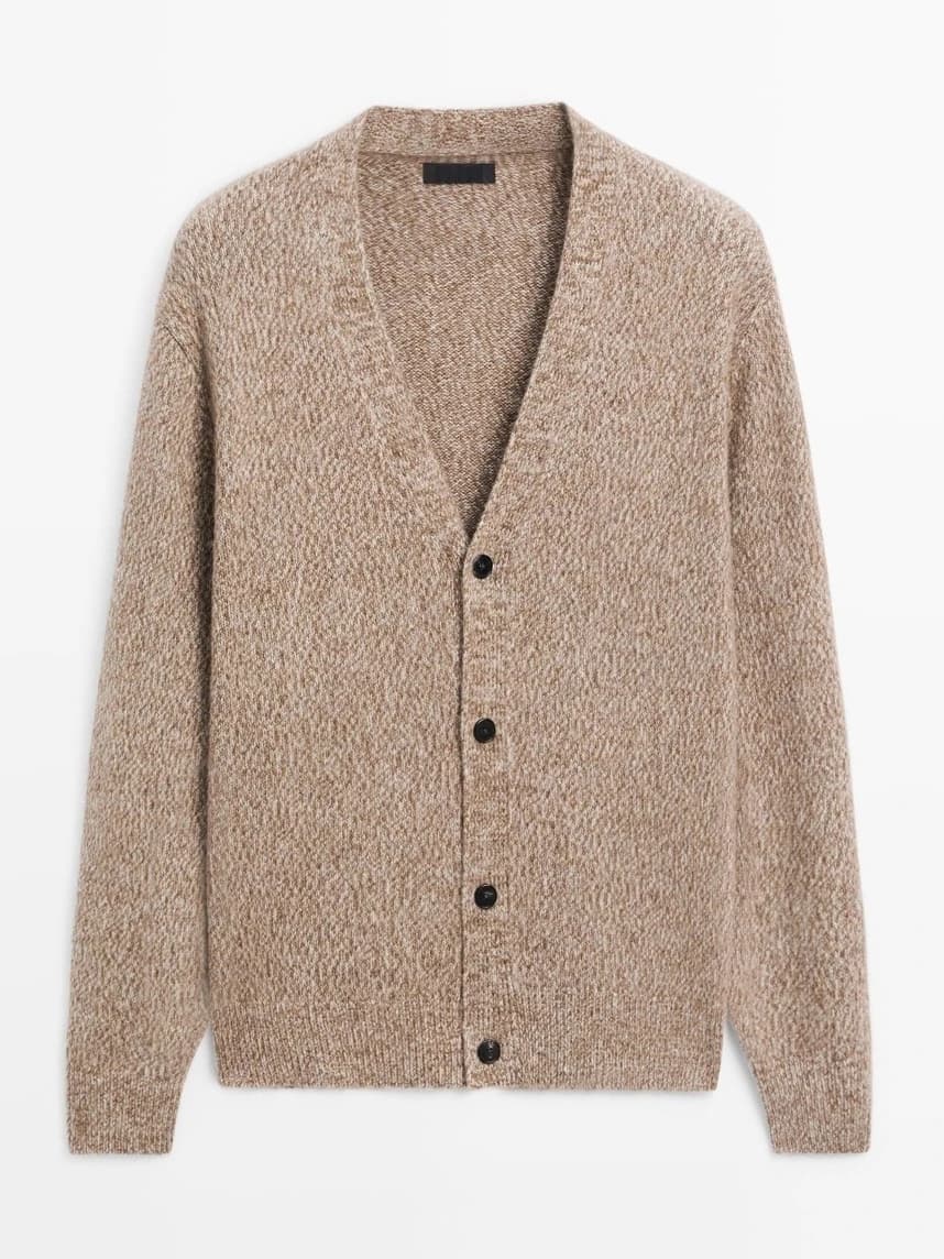 Men's Beige Melange V Neck Cardigan — view 6