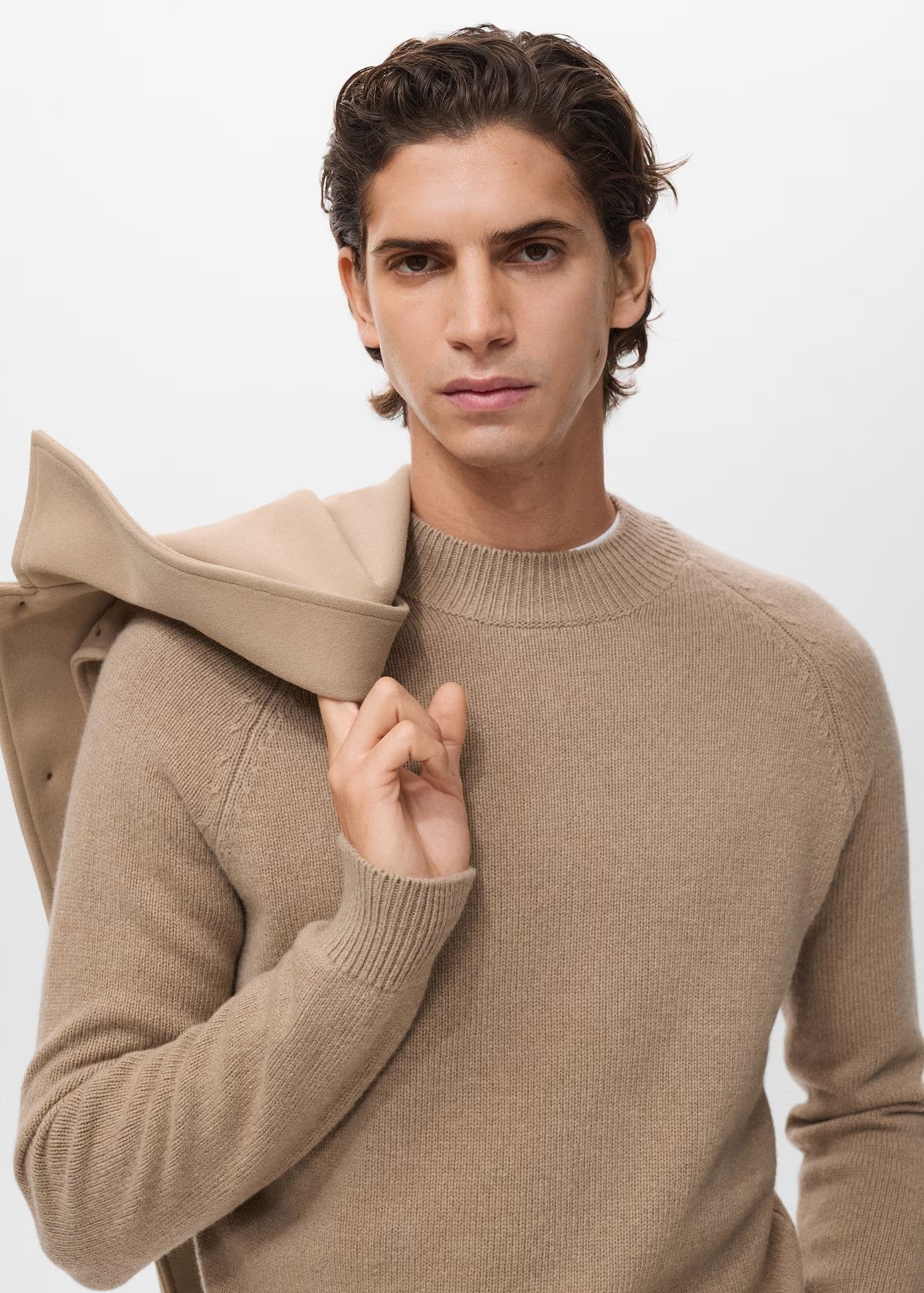 Men's Beige Plain Crew Neck Sweater Simple Wool Blend — view 5