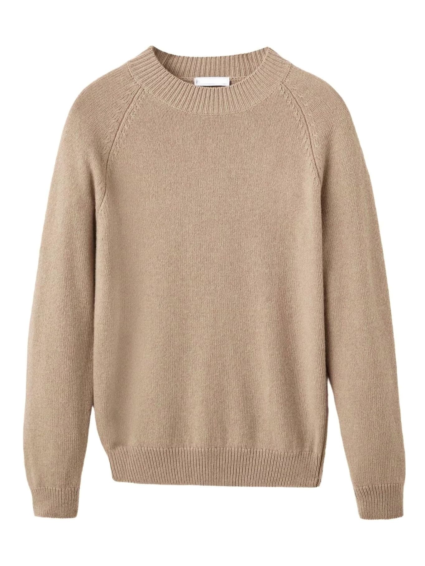 Men's Beige Plain Crew Neck Sweater Simple Wool Blend — view 6