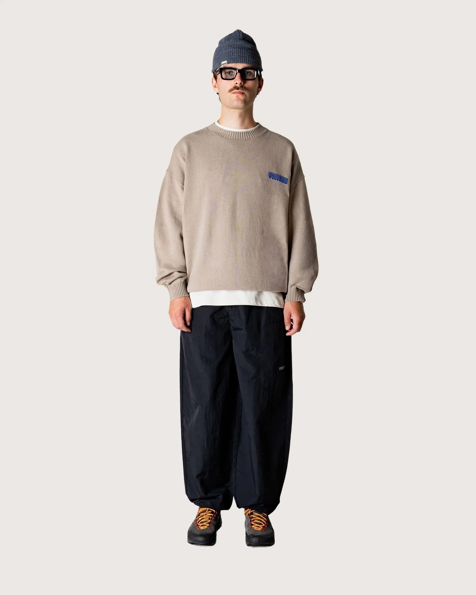 Men's Beige Text Pattern Crew Neck Sweater Graphic Knit