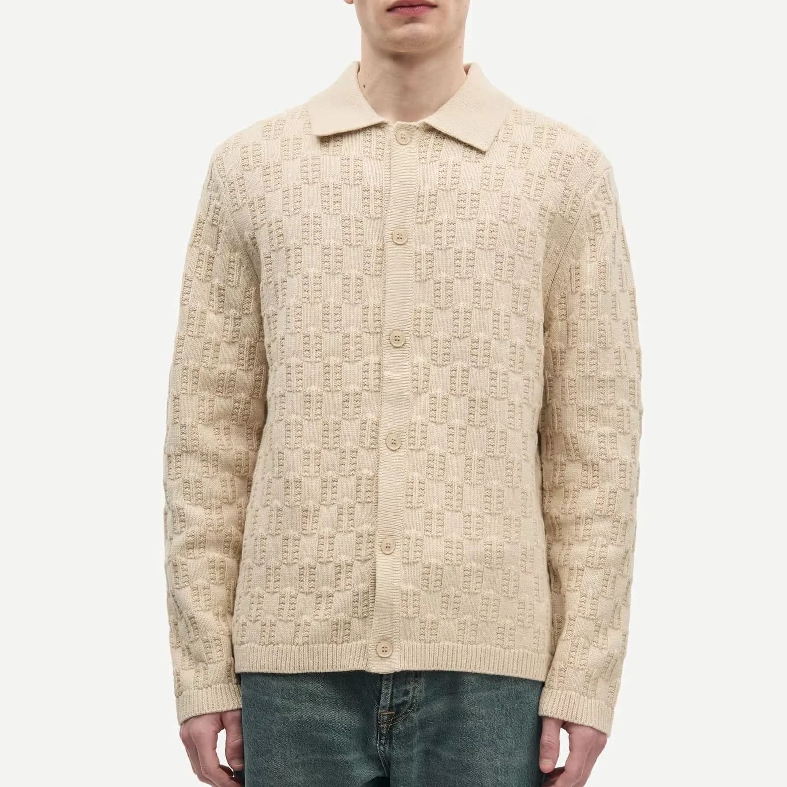 Men's Beige Textured Cardigan Button Collar Casual