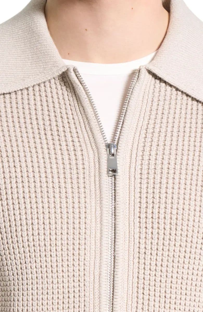Men's Beige Waffle Knit Full Zip Cardigan Collared Texture Jacket — view 4
