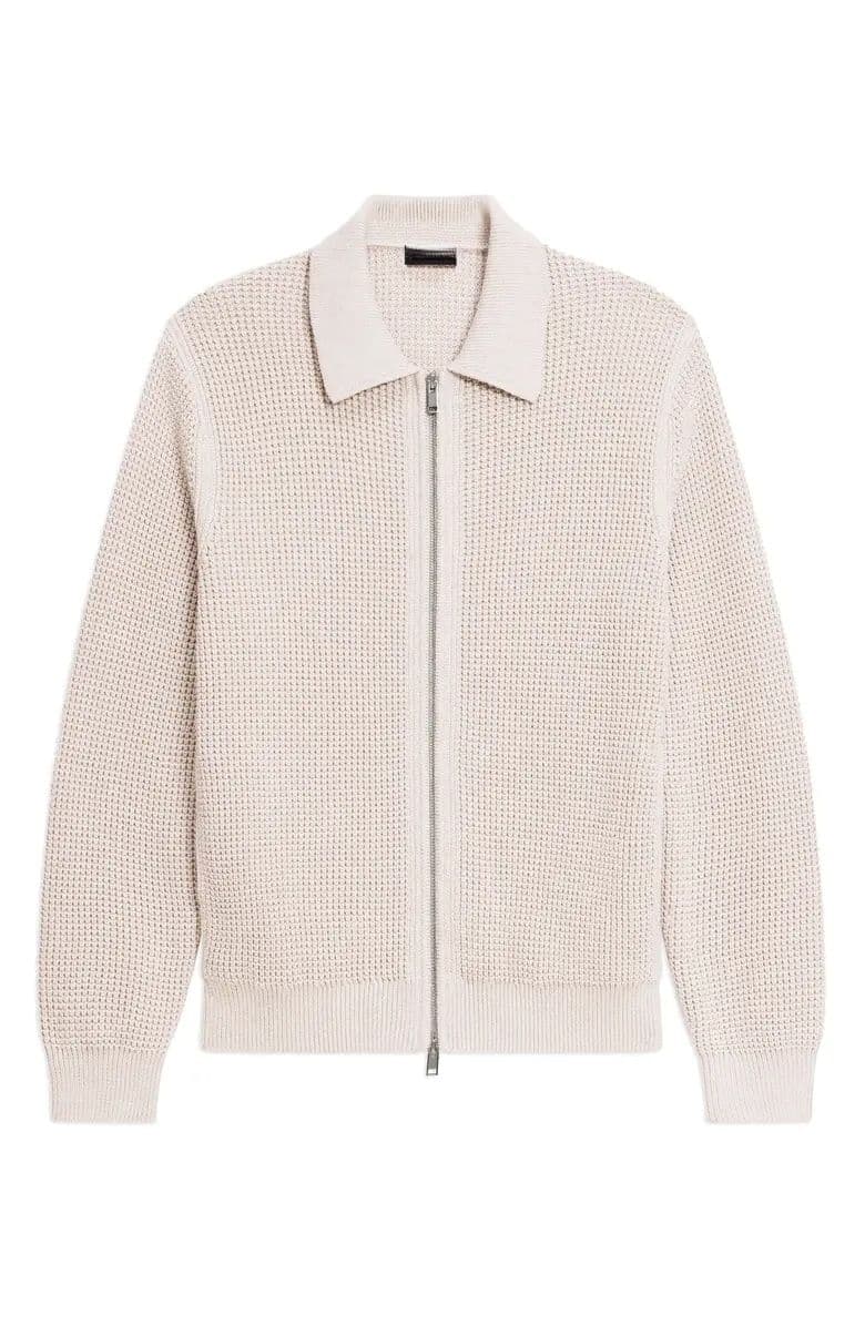 Men's Beige Waffle Knit Full Zip Cardigan Collared Texture Jacket — view 5