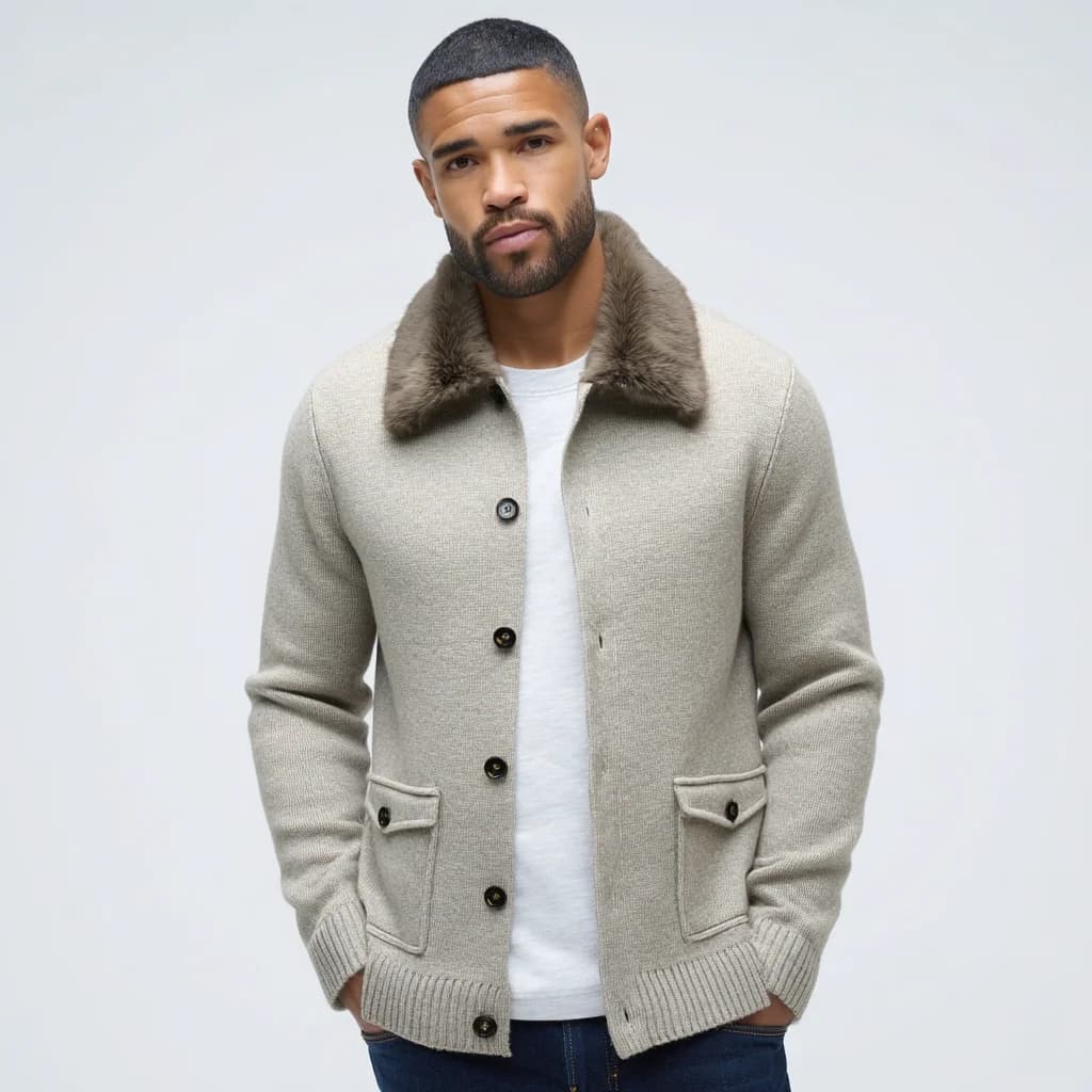 Men's Beige Wool Winter Faux Fur Jacket