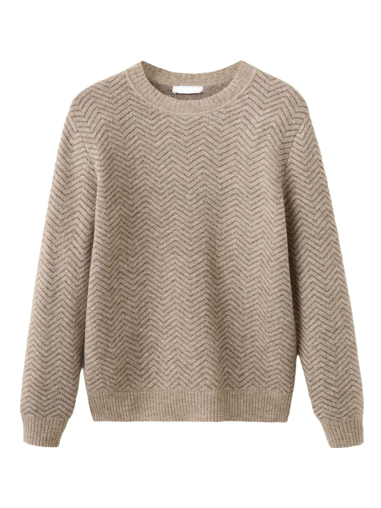 Men's Beige Zigzag Pattern Crew Neck Sweater Textured Wool — view 6