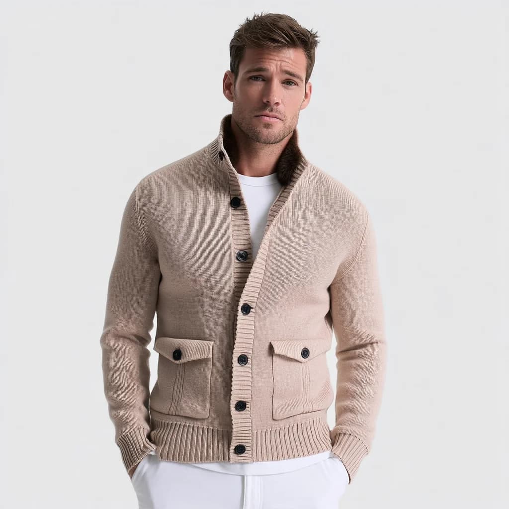 Men's Beige Zipper Closure Cardigan Vintage Pattern Faux Fur Knit Patch Pocket Winter Warm