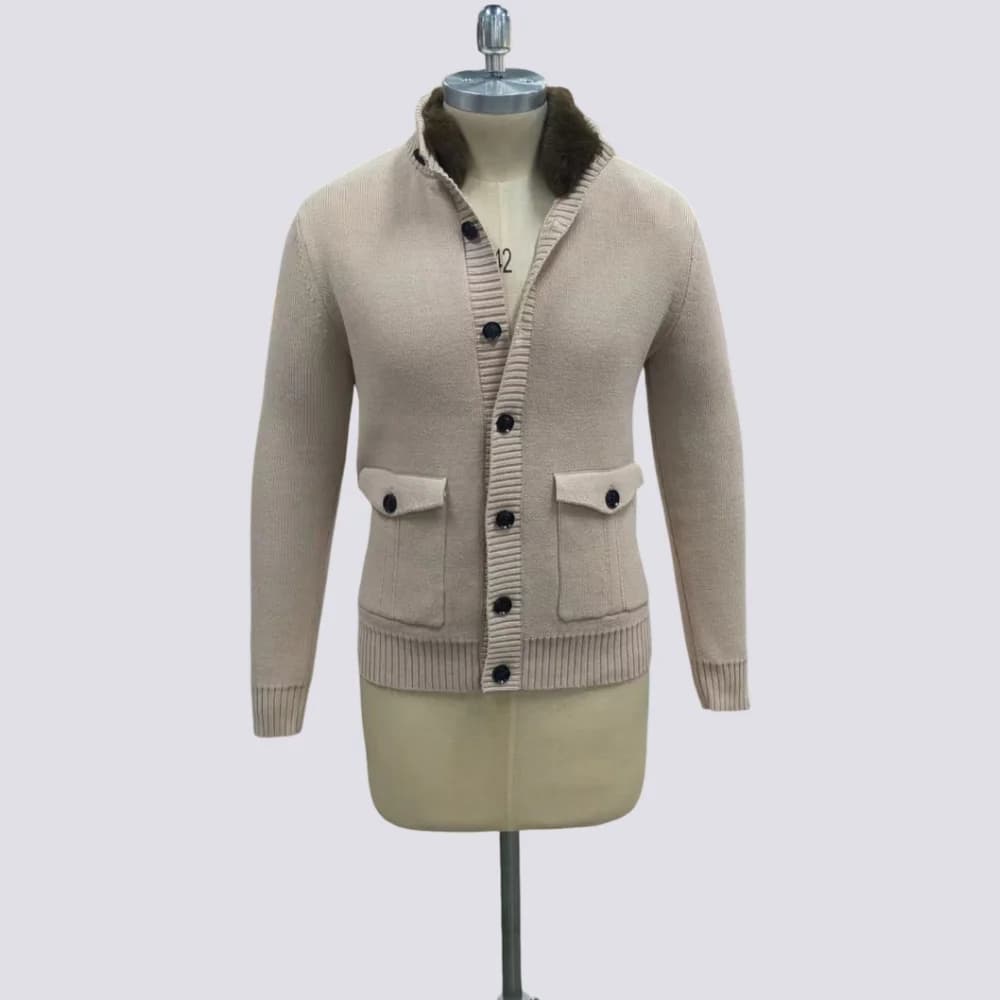 Men's Beige Zipper Closure Cardigan Vintage Pattern Faux Fur Knit Patch Pocket Winter Warm — view 5