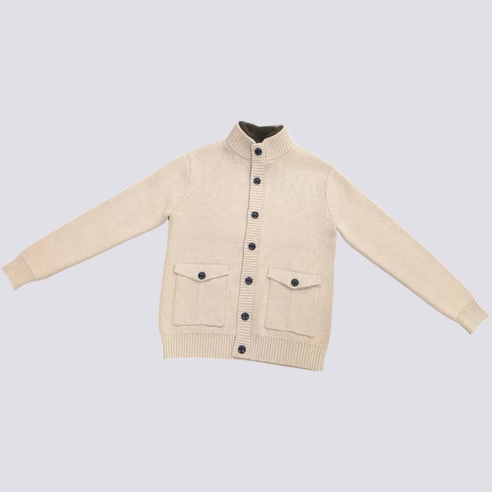 Men's Beige Zipper Closure Cardigan Vintage Pattern Faux Fur Knit Patch Pocket Winter Warm — view 6