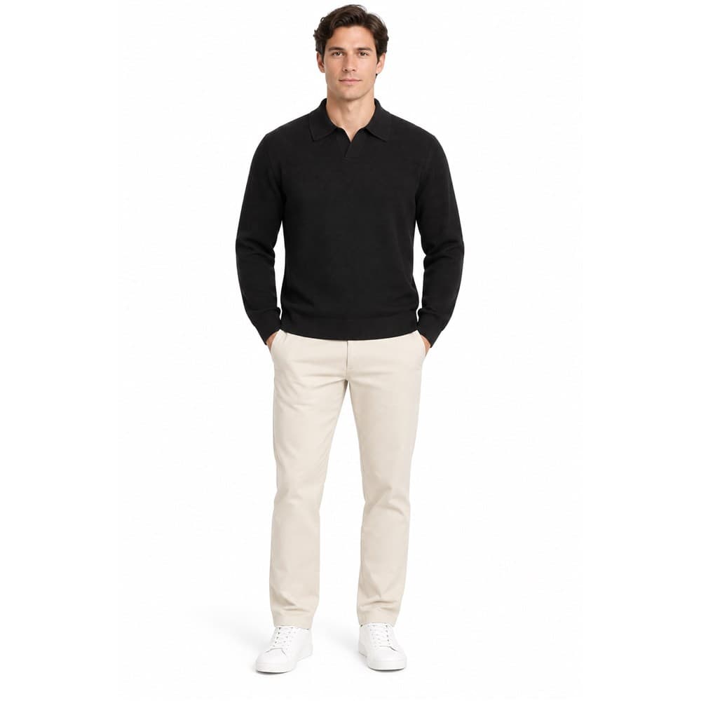 Men's Black Long-Sleeve Collared Knit Top