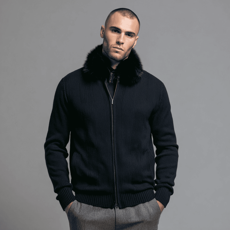 Men's Black Knit Full Zip Jacket Removable Fur Collar