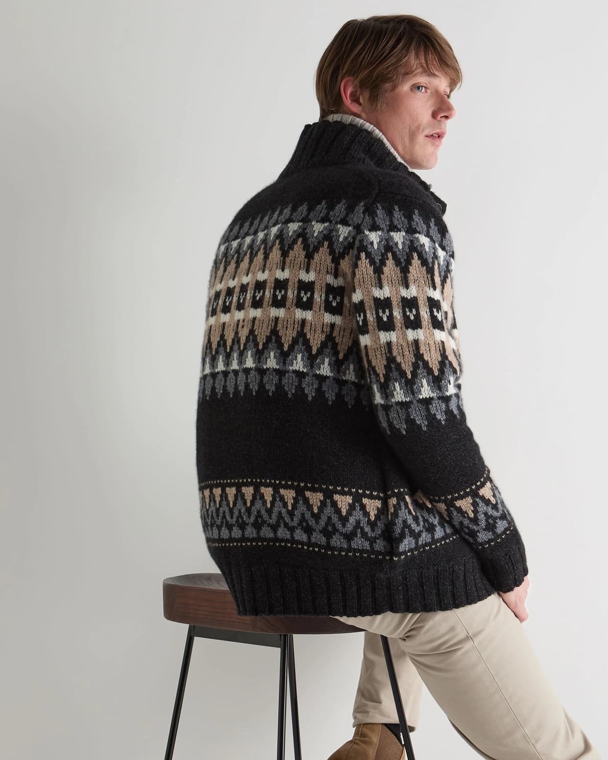 Men's Black Nordic Fair Isle Full Zip Cardigan Winter Holiday Pattern Jacket