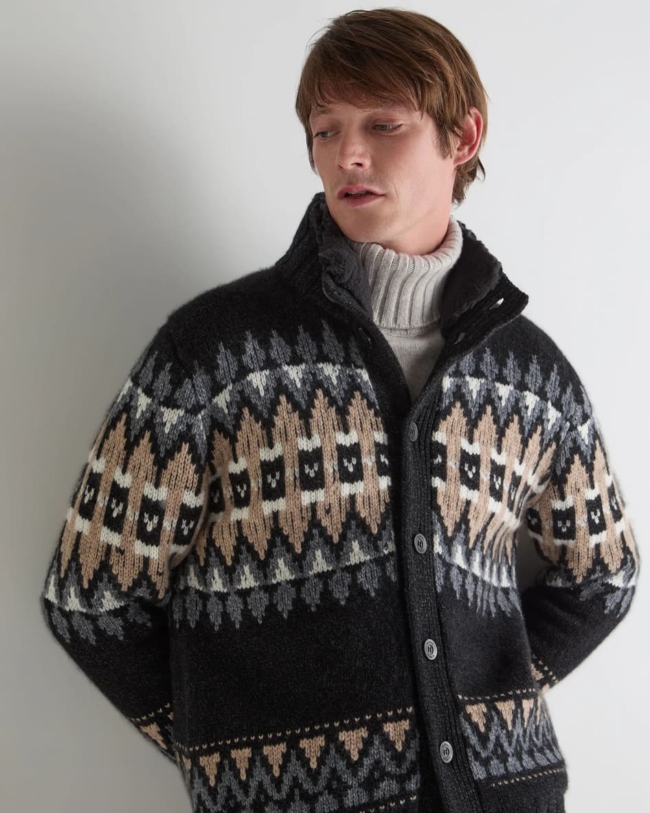 Men's Black Nordic Fair Isle Full Zip Cardigan Winter Holiday Pattern Jacket — view 3