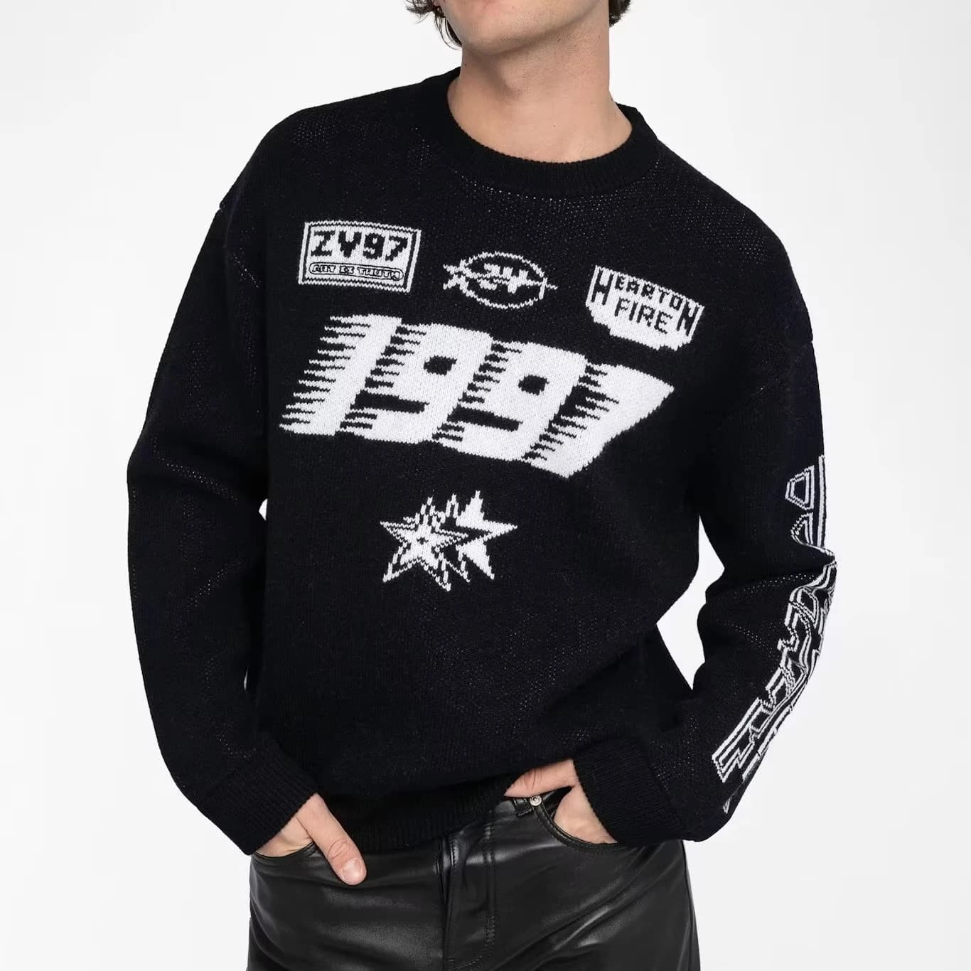 Men's Black Racing Graphic Sweater 1997 Text Intarsia Streetwear Pullover