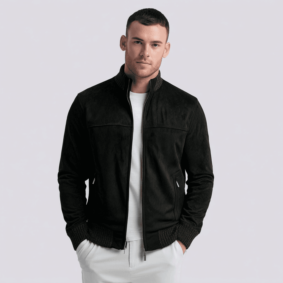 Men's Black Suede Bomber Jacket Ribbed Knit Trim