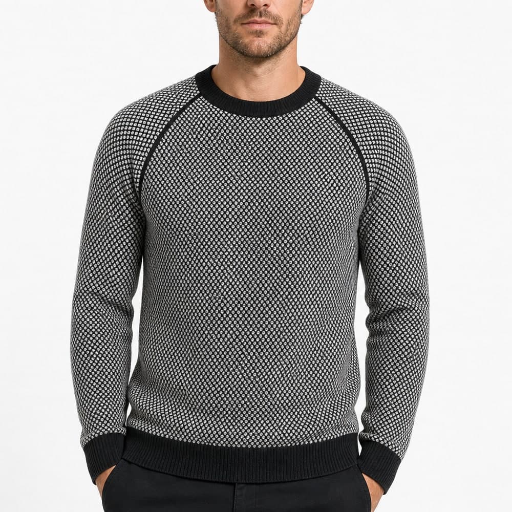 Men's Black White Cotton Cashmere Crew Neck Sweater