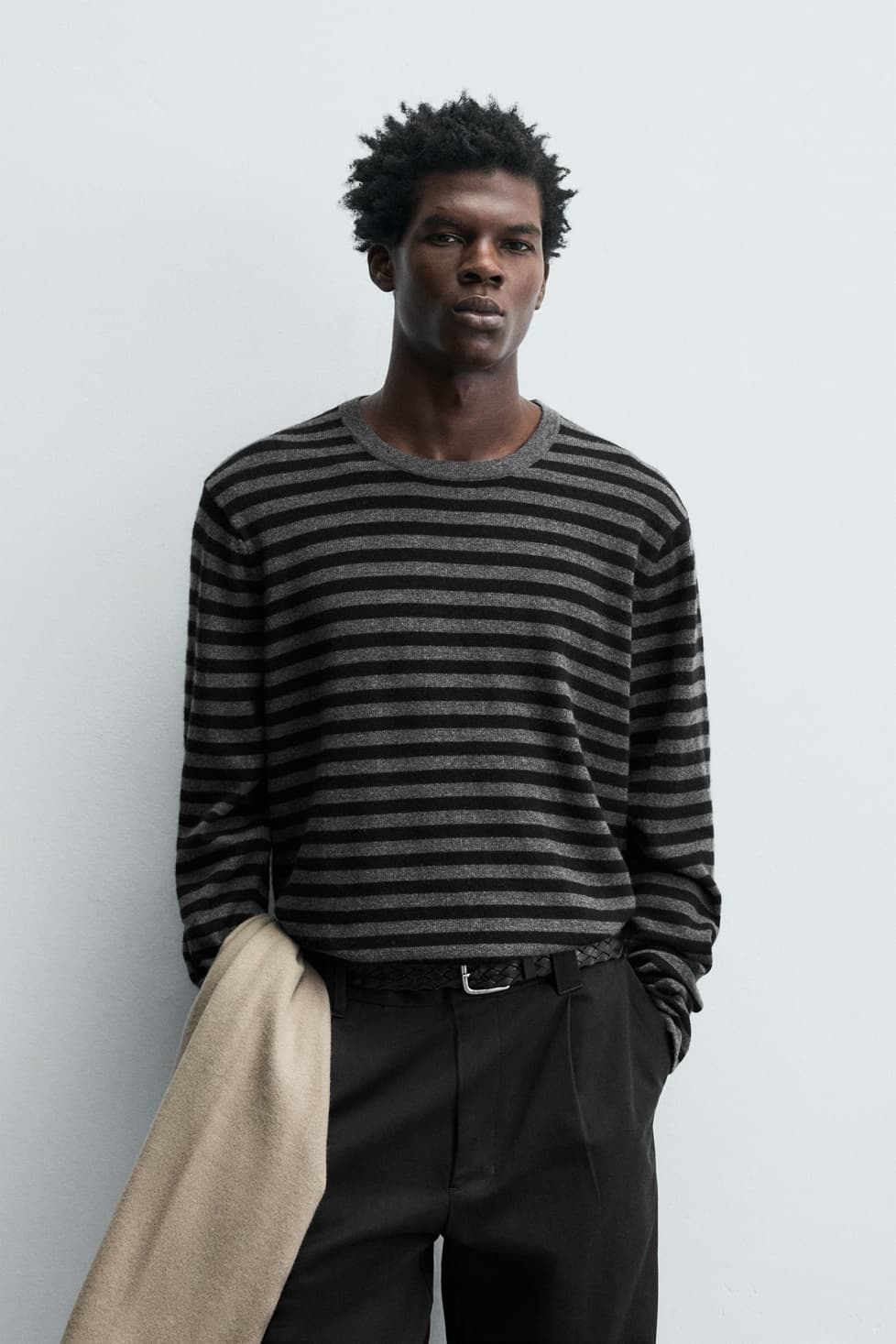 Men's 90s Grunge Grey Black Striped Crew Neck Sweater Cotton Wool Horizontal — view 4