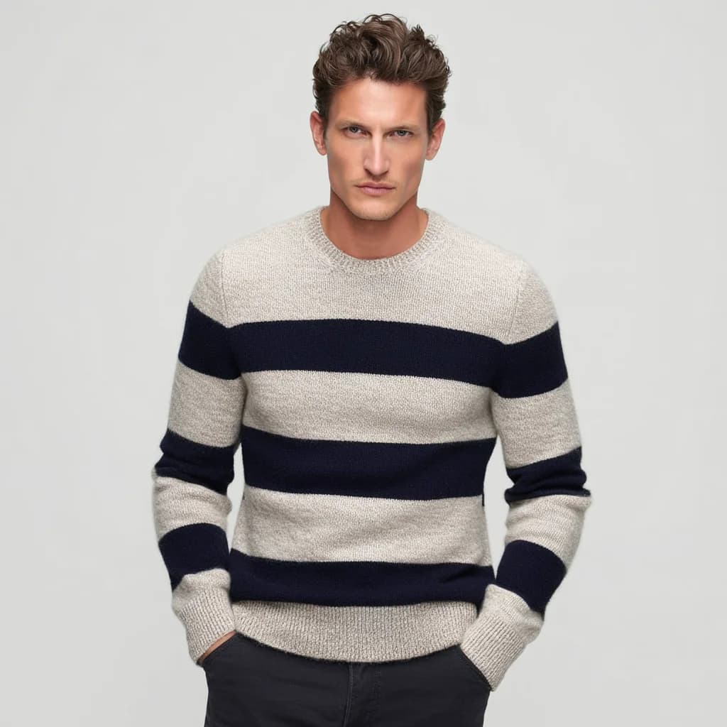 Men's Block Stripe Brushed Wool Crew Sweater