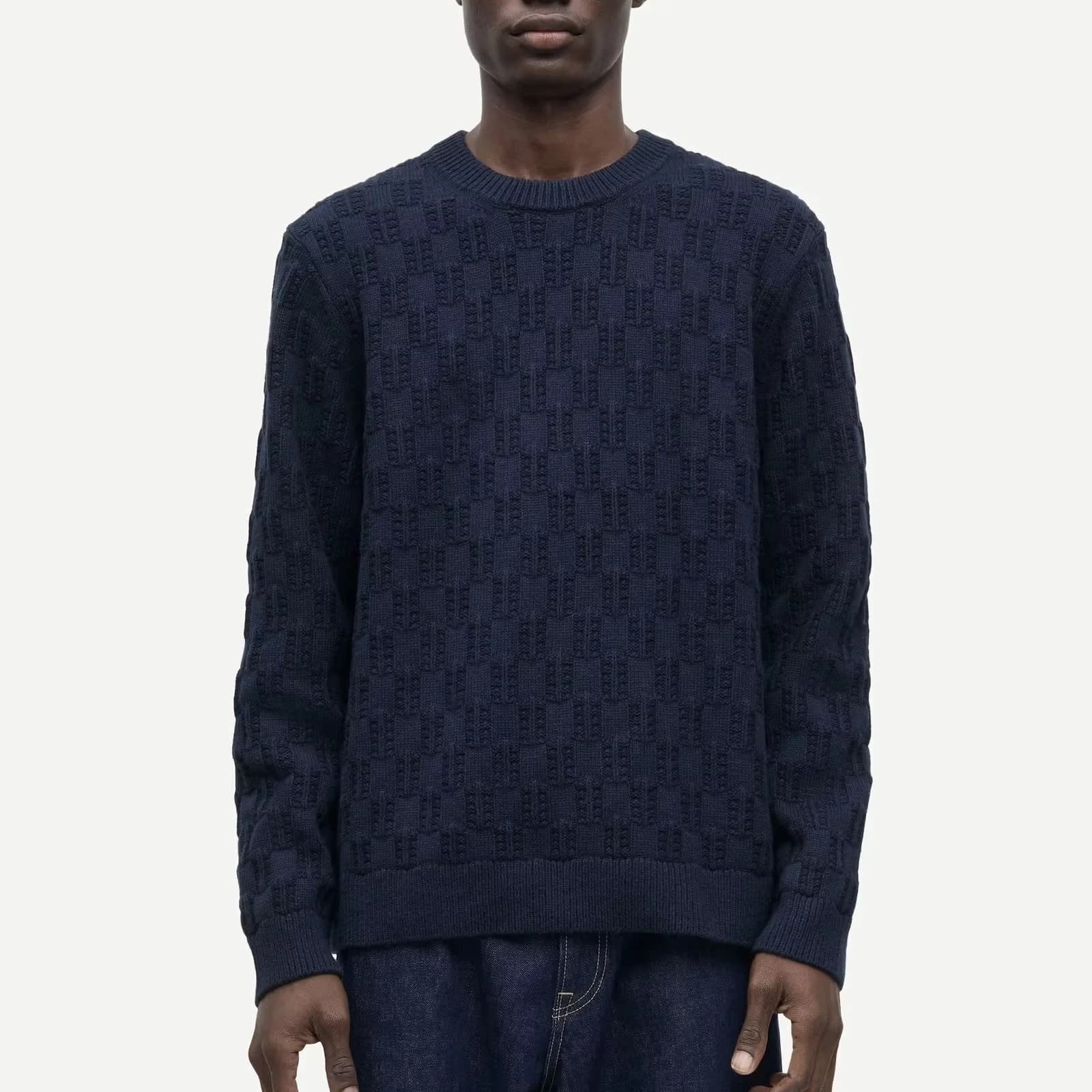 Men's Blue Brown Striped Crew Neck Sweater Brushed Mohair Look Pullover