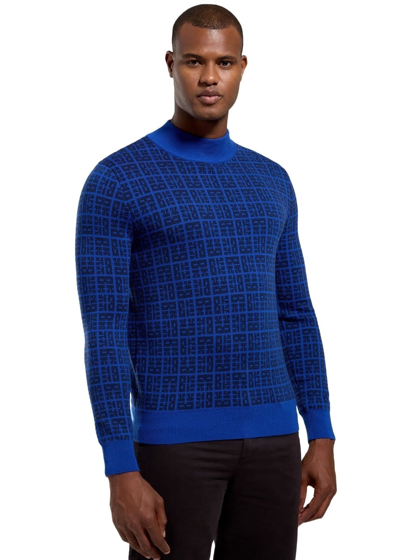 Men's Blue Cashmere Pattern Mock Neck Sweater