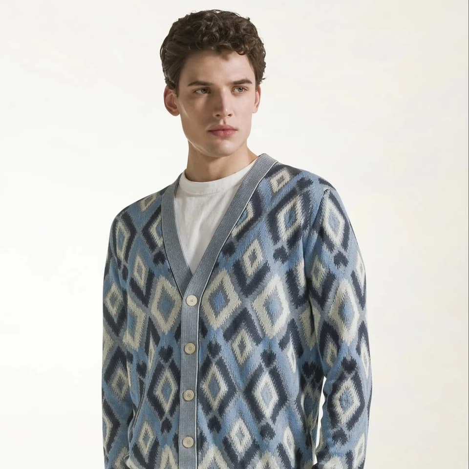 Men's Blue Ikat Diamond Intarsia Knit Cardigan