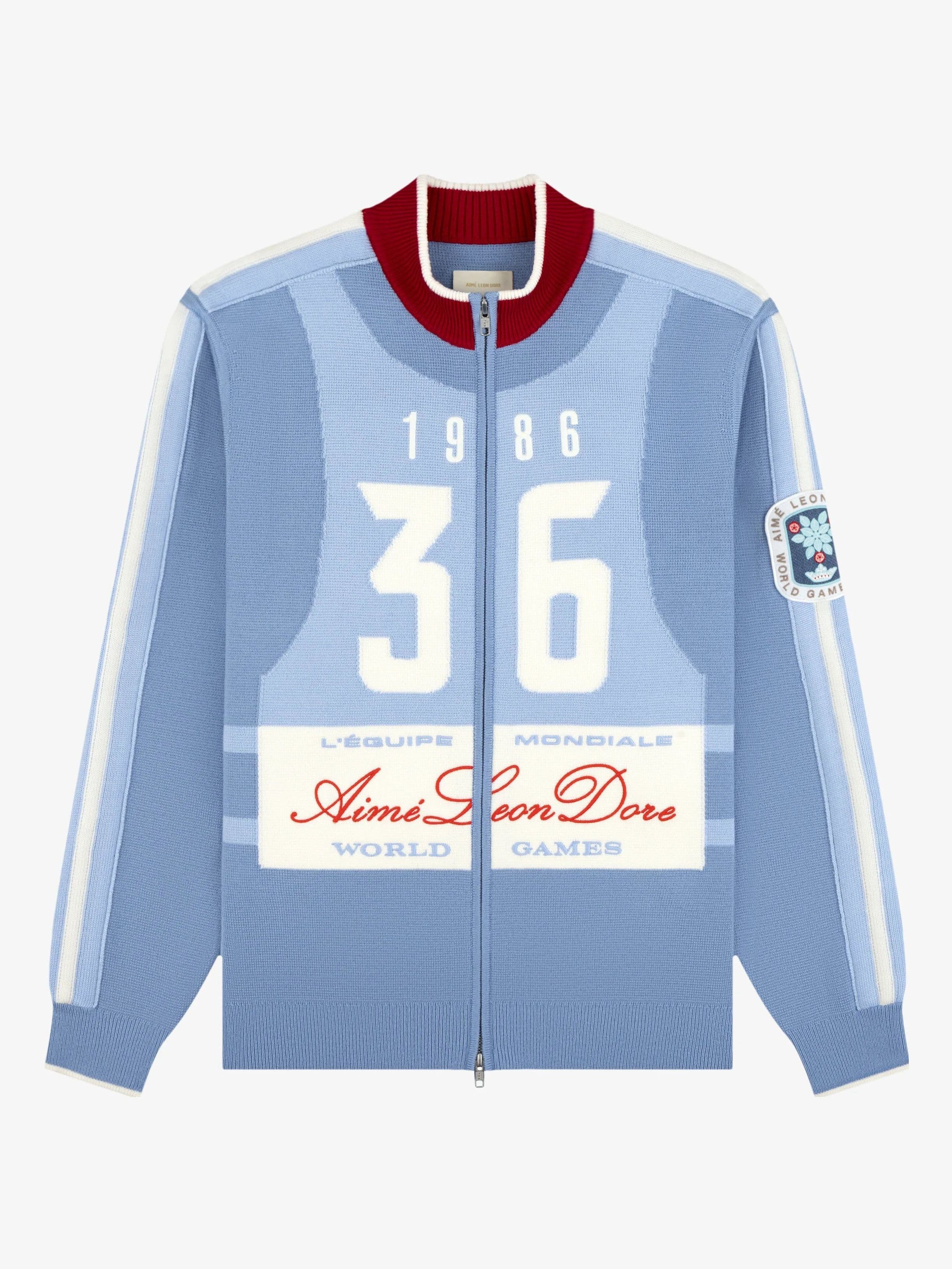 Men's Blue Retro Ski Zip Cardigan Number Graphic Stripe Sporty — view 6