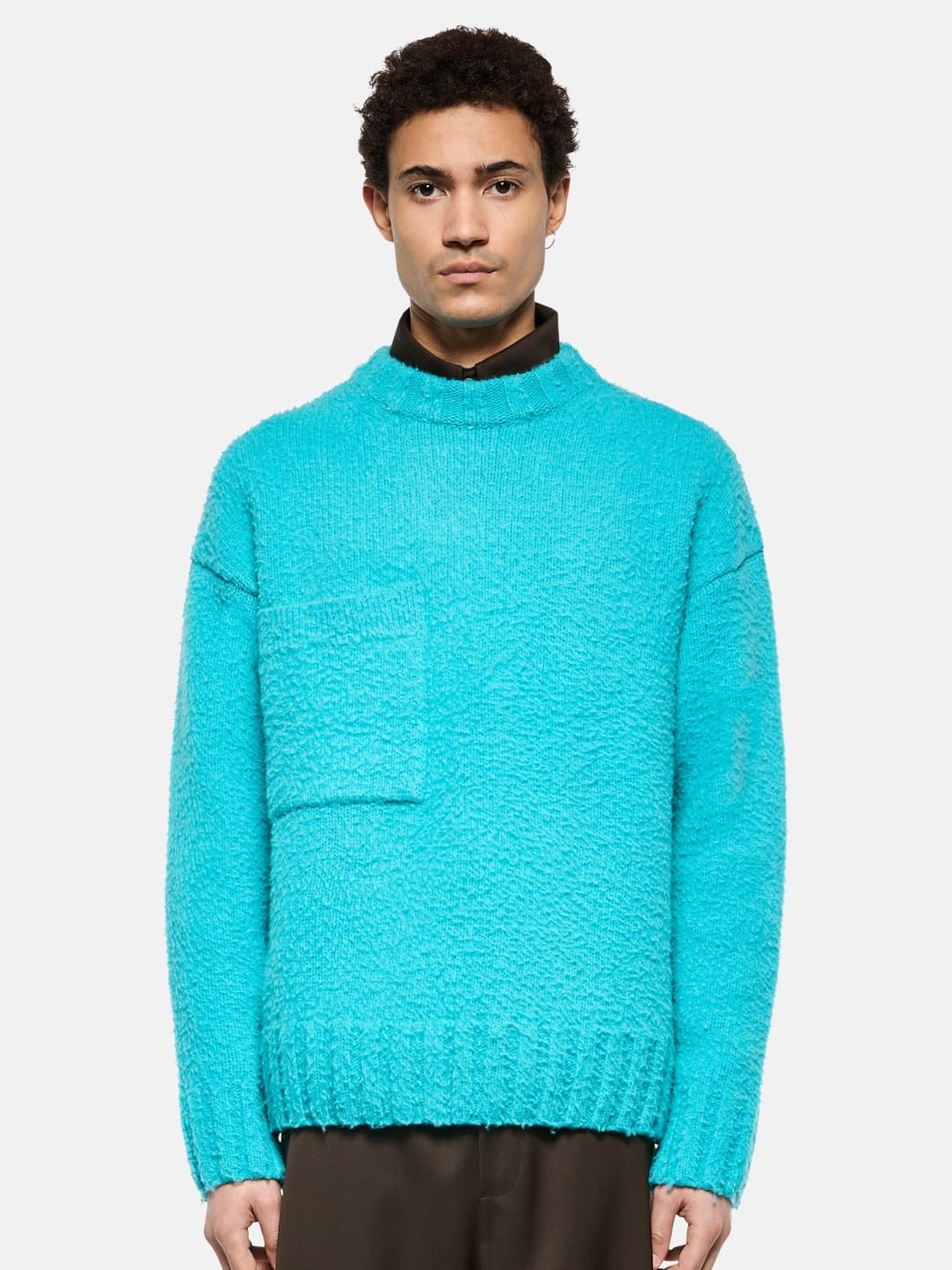 Men's Bright Cyan Blue Boucle Crew Neck Sweater Chest Pocket Popcorn Knit