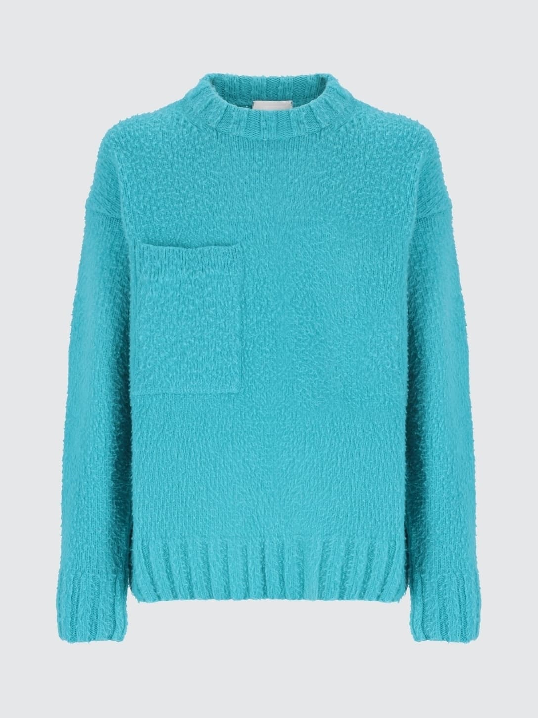 Men's Bright Cyan Blue Boucle Crew Neck Sweater Chest Pocket Popcorn Knit — view 5