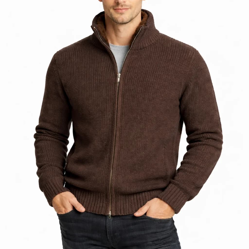 Men's Brown Cashmere Wool V Neck Double Zip Cardigan