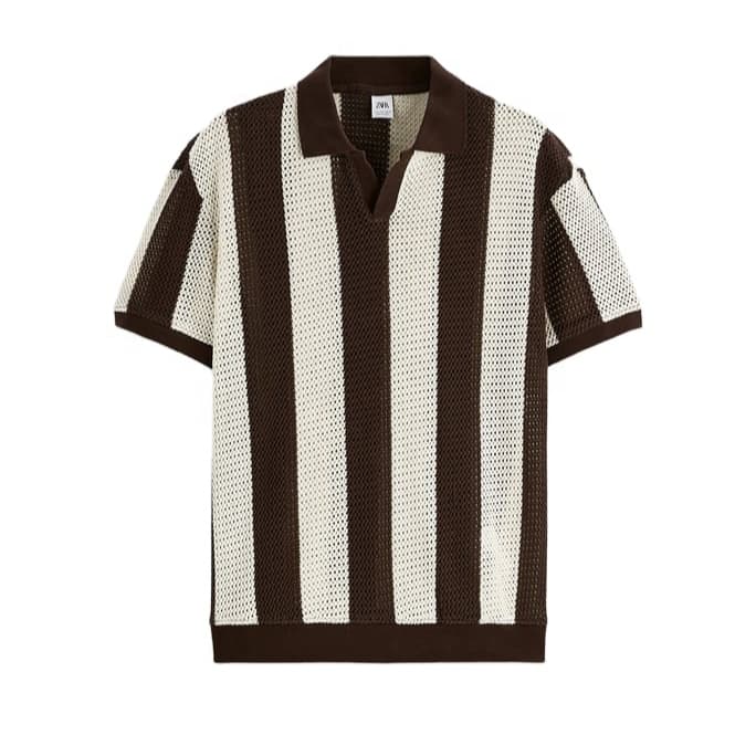 Men's Brown Ivory Block Stripe Short Sleeve Knit Polo