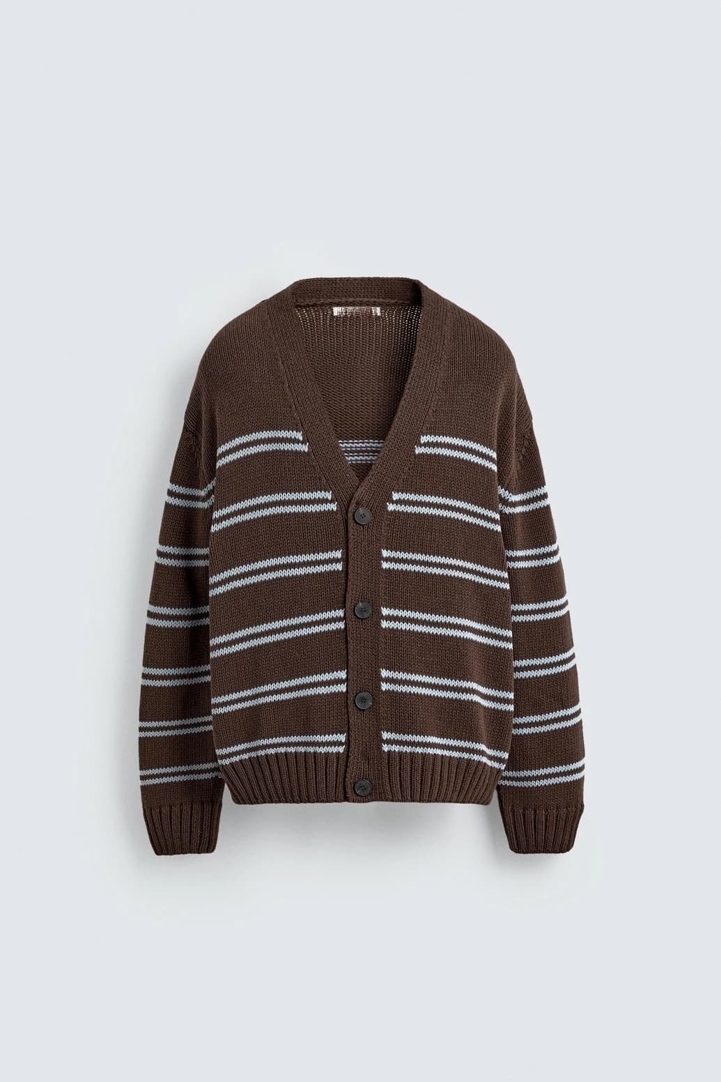 Men's Brown Light Blue Striped V Neck Lambswool Cardigan — view 7