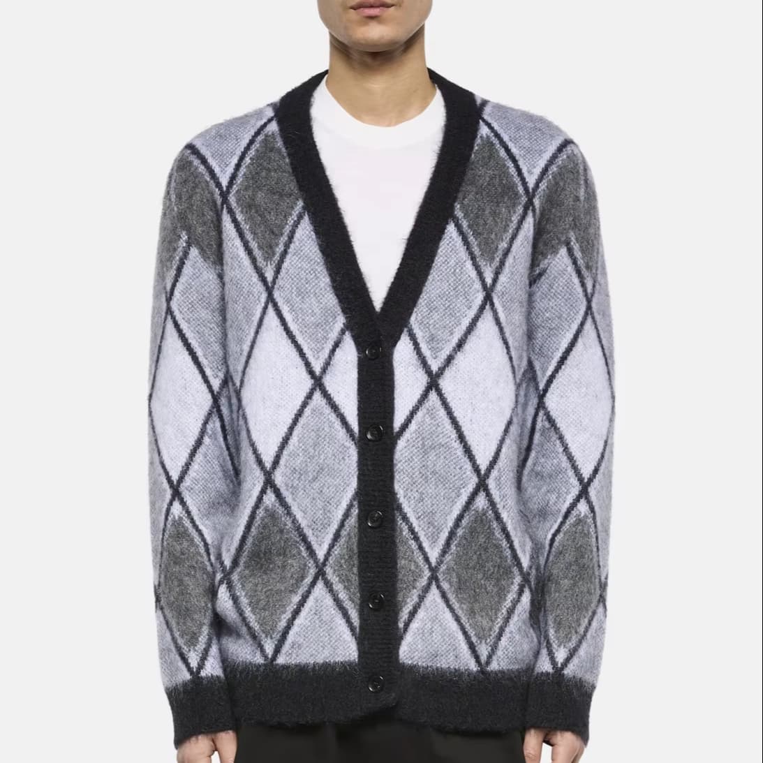 Men's Brushed Grey Argyle Cardigan V Neck Mohair Blend Check Preppy Button